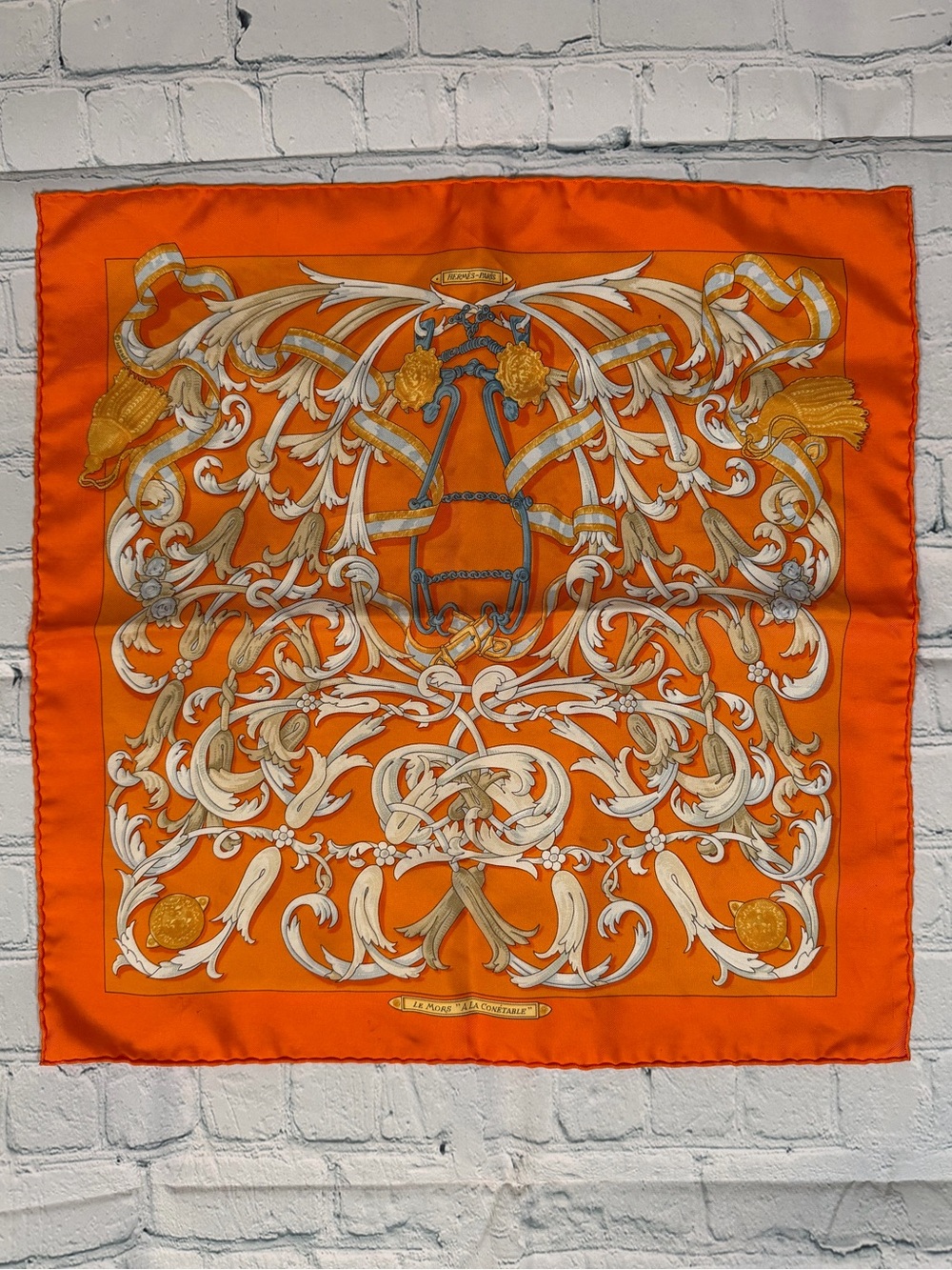 Hermes Orange, White and Gold Silk Scarf